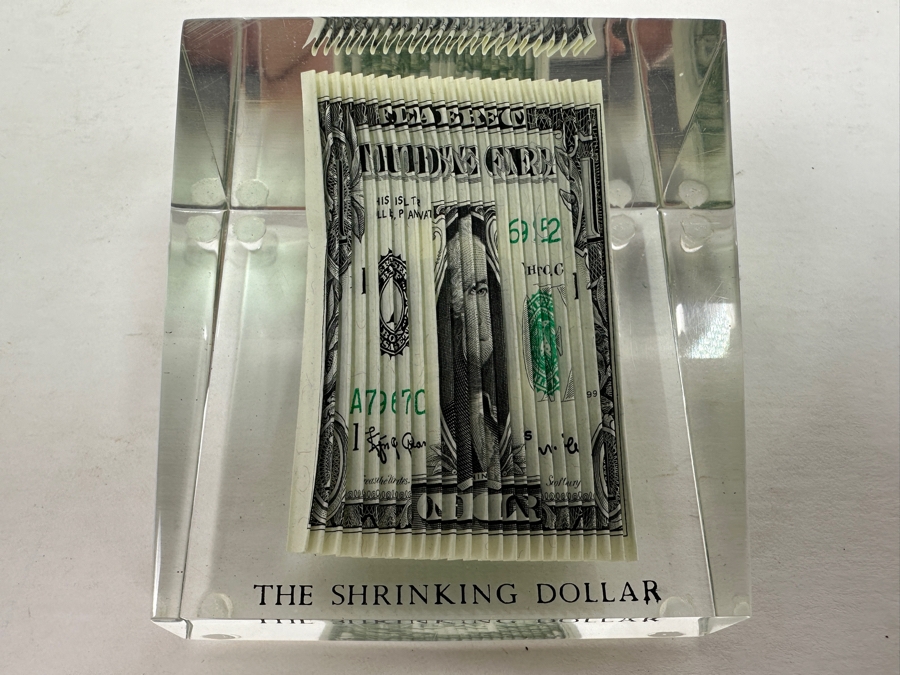 Acrylic Encased US One Dollar Bill 'The Shrinking Dollar' 2 7/8'W X 2 7/8'D X 1.75'H [Photo 4]