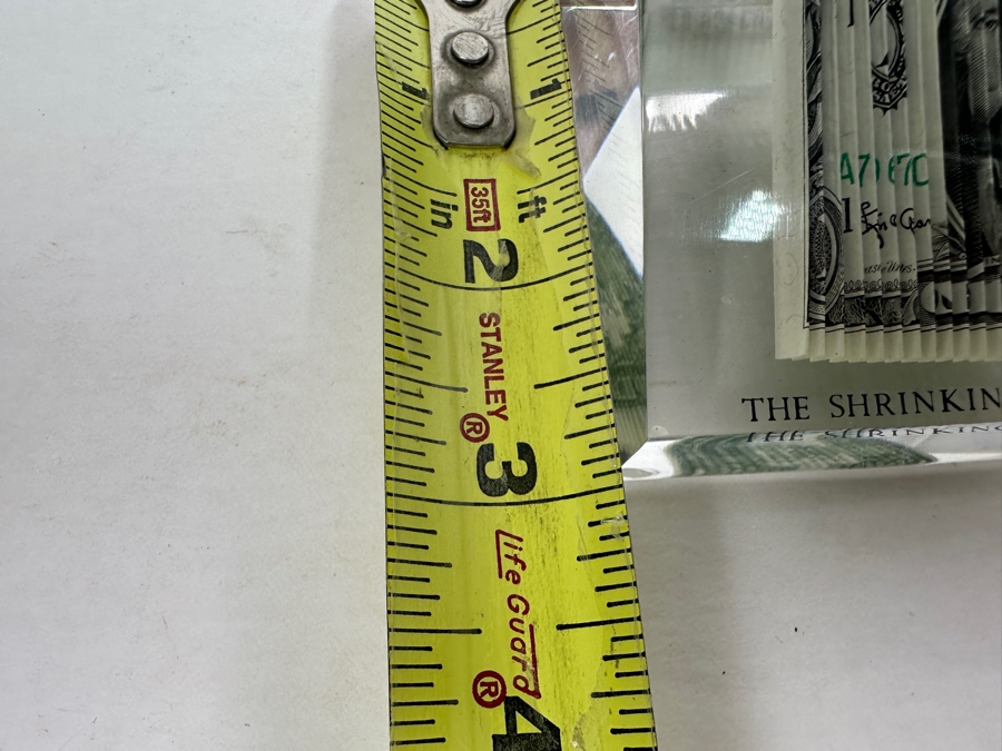 Acrylic Encased US One Dollar Bill 'The Shrinking Dollar' 2 7/8'W X 2 7/8'D X 1.75'H [Photo 12]