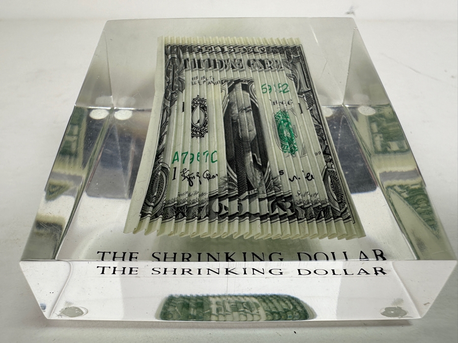 Acrylic Encased US One Dollar Bill 'The Shrinking Dollar' 2 7/8'W X 2 7/8'D X 1.75'H [Photo 2]