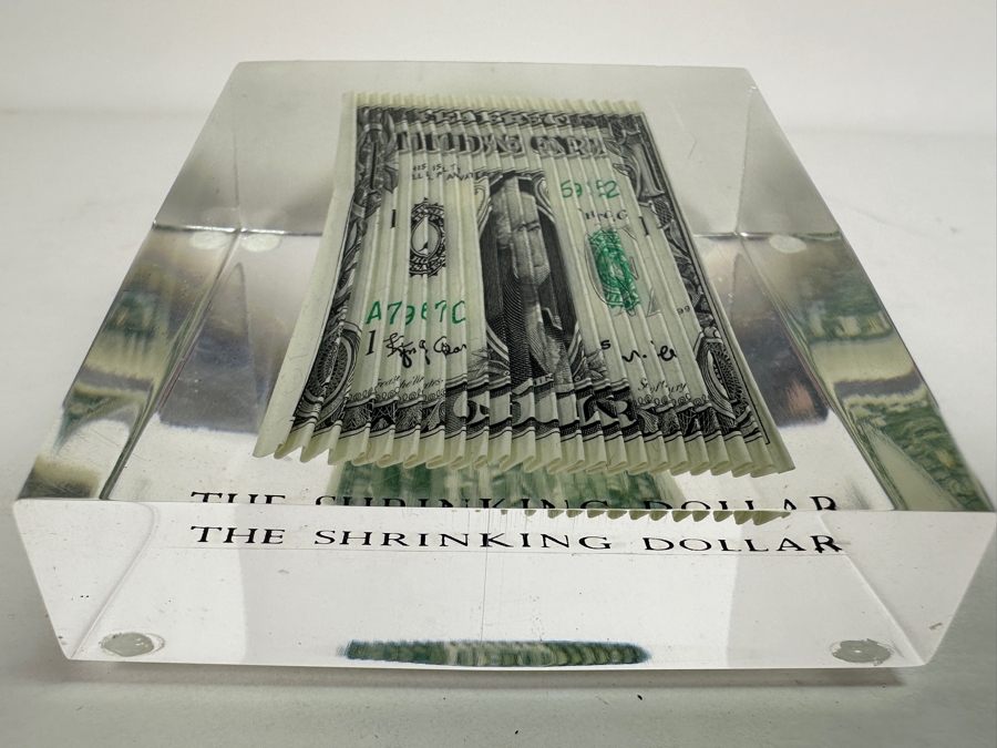 Acrylic Encased US One Dollar Bill 'The Shrinking Dollar' 2 7/8'W X 2 7/8'D X 1.75'H [Photo 3]