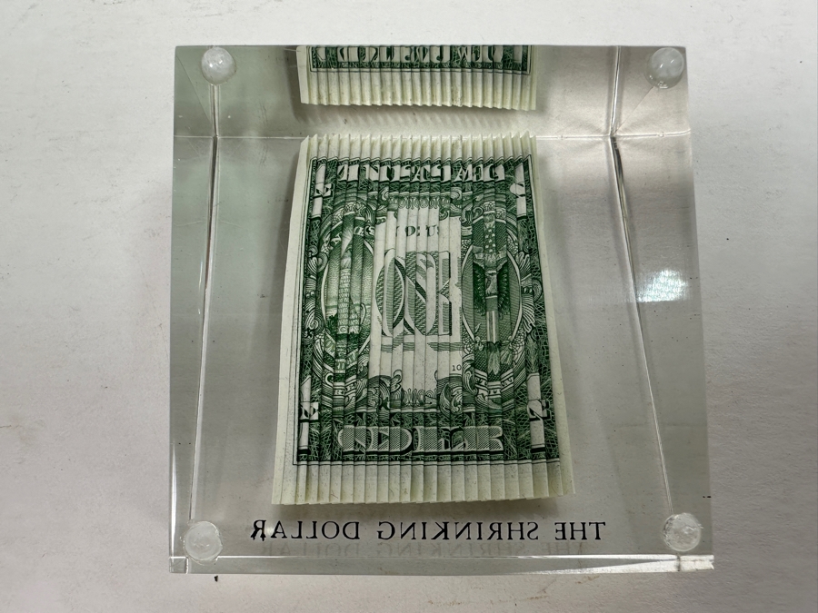 Acrylic Encased US One Dollar Bill 'The Shrinking Dollar' 2 7/8'W X 2 7/8'D X 1.75'H [Photo 9]