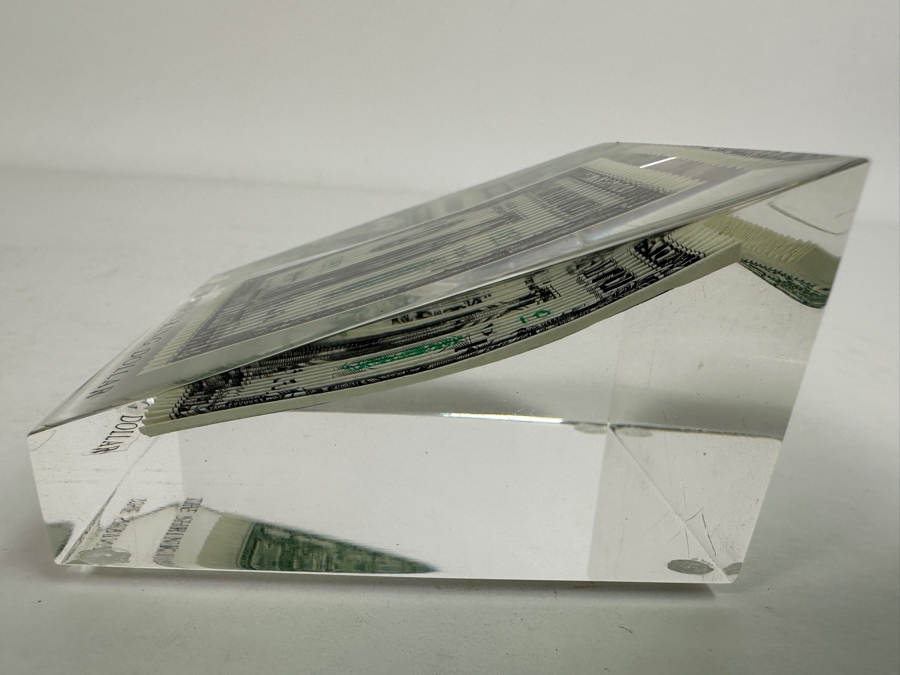 Acrylic Encased US One Dollar Bill 'The Shrinking Dollar' 2 7/8'W X 2 7/8'D X 1.75'H [Photo 8]
