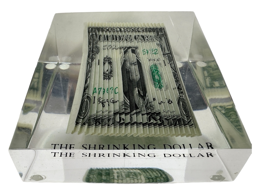 Acrylic Encased US One Dollar Bill 'The Shrinking Dollar' 2 7/8'W X 2 7/8'D X 1.75'H