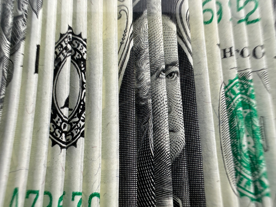 Acrylic Encased US One Dollar Bill 'The Shrinking Dollar' 2 7/8'W X 2 7/8'D X 1.75'H [Photo 7]