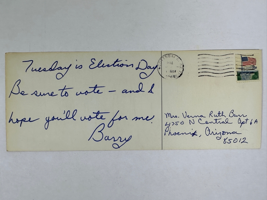 Vintage 1968 Barry Goldwater Hand Written & Signed Election Day Reminder Postcard Postmarked 1 November 1968 Arizona [Photo 4]