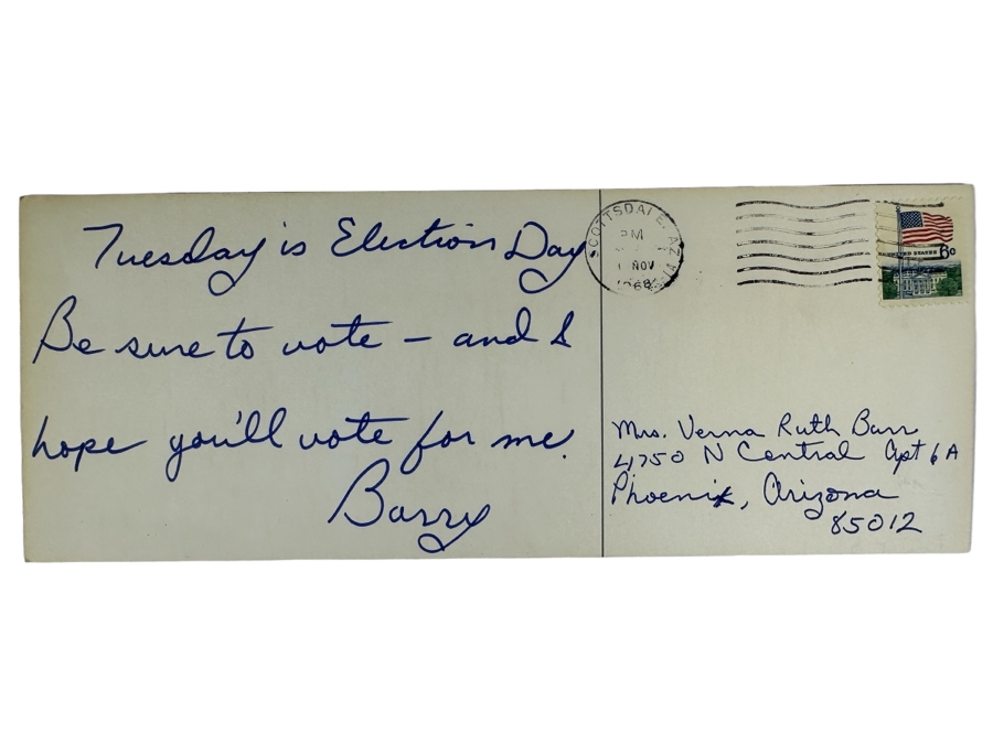 Vintage 1968 Barry Goldwater Hand Written & Signed Election Day Reminder Postcard Postmarked 1 November 1968 Arizona [Photo 3]