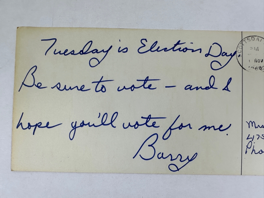 Vintage 1968 Barry Goldwater Hand Written & Signed Election Day Reminder Postcard Postmarked 1 November 1968 Arizona [Photo 5]