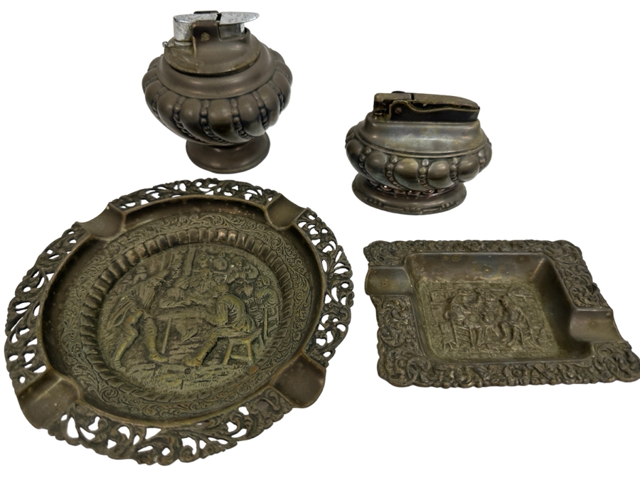 Pair Of Repousse Metal Ashtrays & Pair Of Ronson Lighters