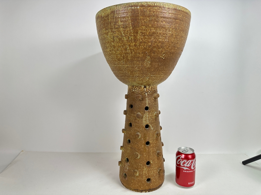 Impressively Large Mid-Century Modern Chalice Art Pottery Vase With Protruding Cylinders And Holes In Base 11.5W X 22H [Photo 2]