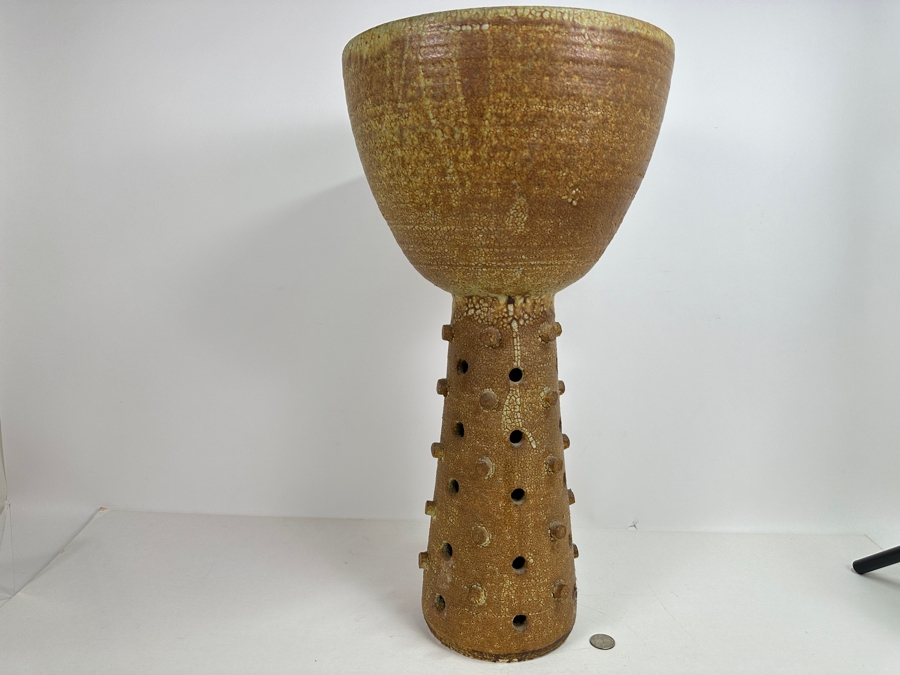 Impressively Large Mid-Century Modern Chalice Art Pottery Vase With Protruding Cylinders And Holes In Base 11.5W X 22H [Photo 3]