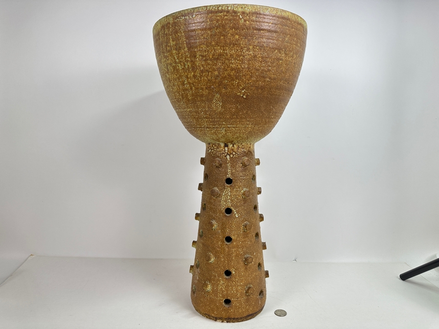 Impressively Large Mid-Century Modern Chalice Art Pottery Vase With Protruding Cylinders And Holes In Base 11.5W X 22H [Photo 6]