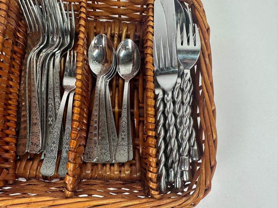 Two Sets Of Flatware With Wicker Tray By Gibson & Cambridge [Photo 2]
