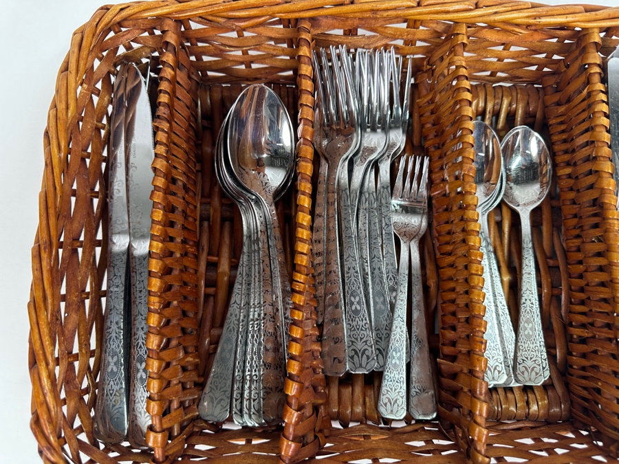 Two Sets Of Flatware With Wicker Tray By Gibson & Cambridge [Photo 3]