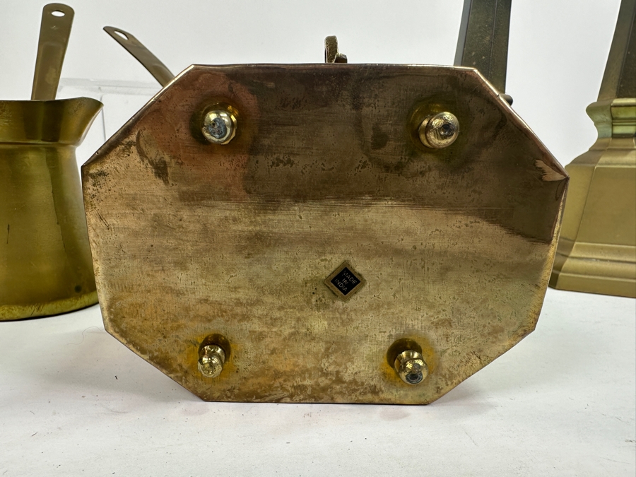 Vintage Brass Lot Featuring A Vintage Cricket Box, Handled Pouring Cups And Pair Of 12' Candlesticks [Photo 10]