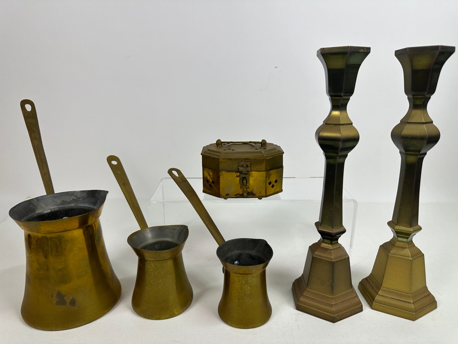 Vintage Brass Lot Featuring A Vintage Cricket Box, Handled Pouring Cups And Pair Of 12' Candlesticks [Photo 2]