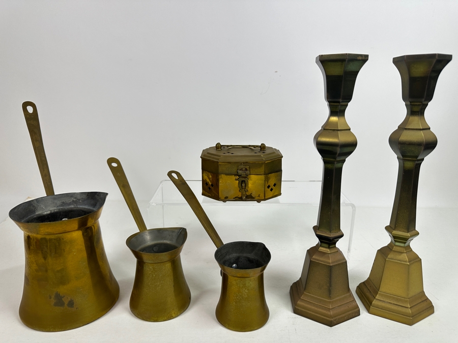 Vintage Brass Lot Featuring A Vintage Cricket Box, Handled Pouring Cups And Pair Of 12' Candlesticks [Photo 3]