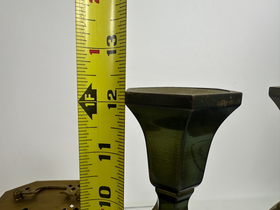 Vintage Brass Lot Featuring A Vintage Cricket Box, Handled Pouring Cups And Pair Of 12' Candlesticks [Photo 9]