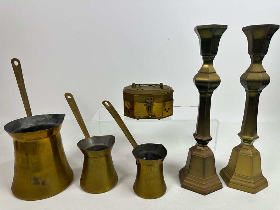 Vintage Brass Lot Featuring A Vintage Cricket Box, Handled Pouring Cups And Pair Of 12' Candlesticks [Photo 1]