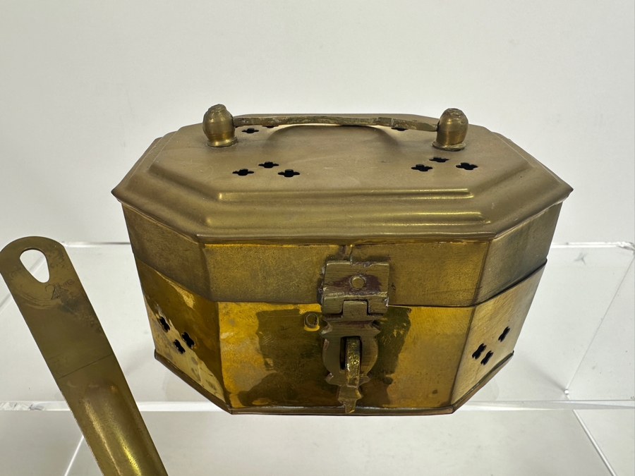 Vintage Brass Lot Featuring A Vintage Cricket Box, Handled Pouring Cups And Pair Of 12' Candlesticks [Photo 5]