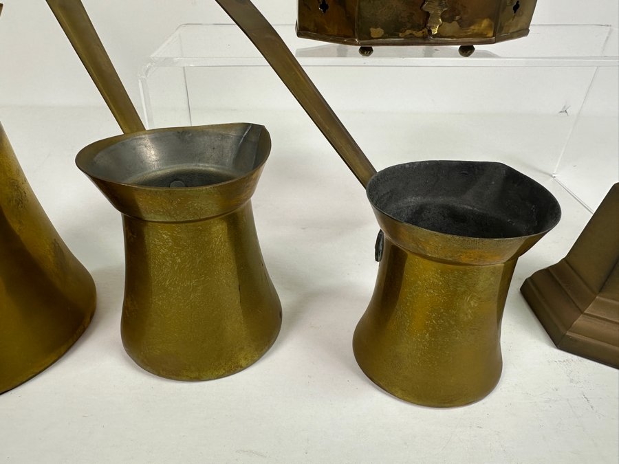 Vintage Brass Lot Featuring A Vintage Cricket Box, Handled Pouring Cups And Pair Of 12' Candlesticks [Photo 6]