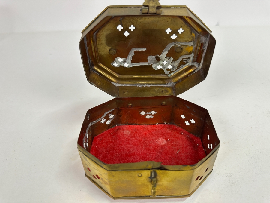 Vintage Brass Lot Featuring A Vintage Cricket Box, Handled Pouring Cups And Pair Of 12' Candlesticks [Photo 11]