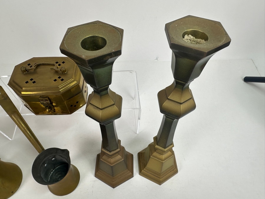 Vintage Brass Lot Featuring A Vintage Cricket Box, Handled Pouring Cups And Pair Of 12' Candlesticks [Photo 8]