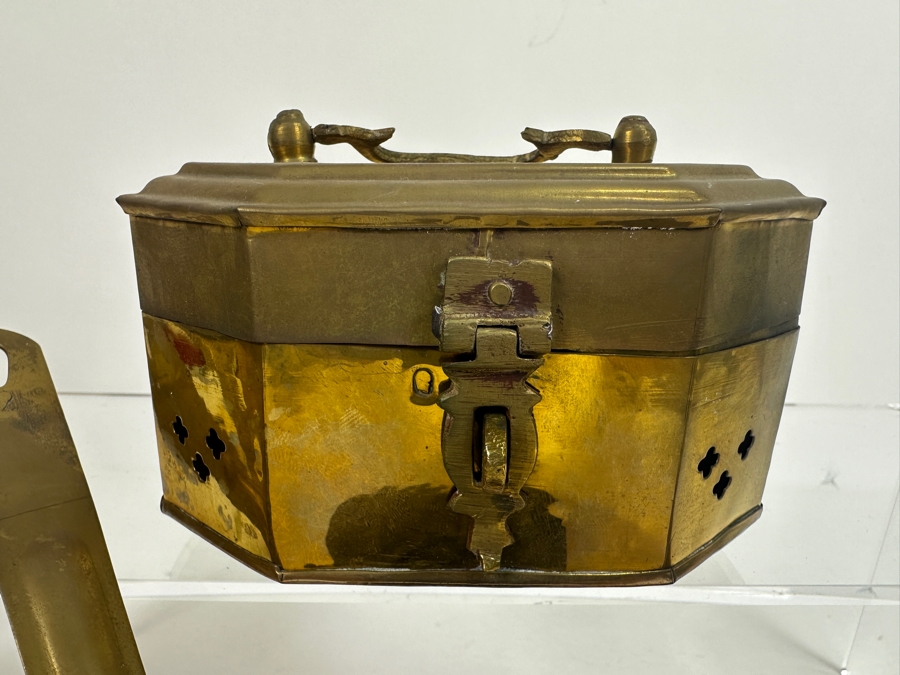 Vintage Brass Lot Featuring A Vintage Cricket Box, Handled Pouring Cups And Pair Of 12' Candlesticks [Photo 4]