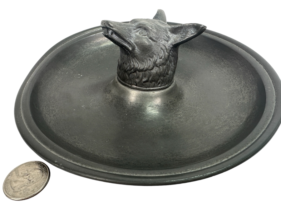 Vintage Pewter Fox Head Round Trinket Dish Tray 8W [Photo 1]