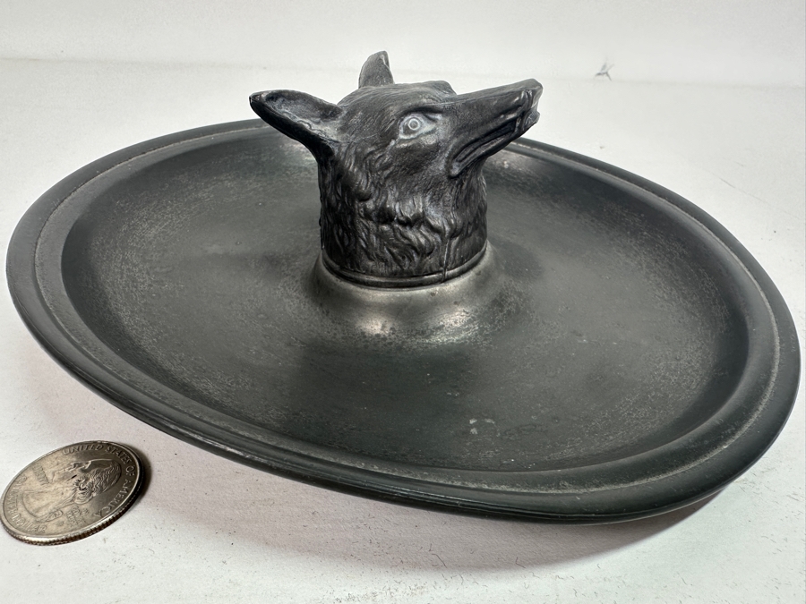 Vintage Pewter Fox Head Round Trinket Dish Tray 8W [Photo 4]