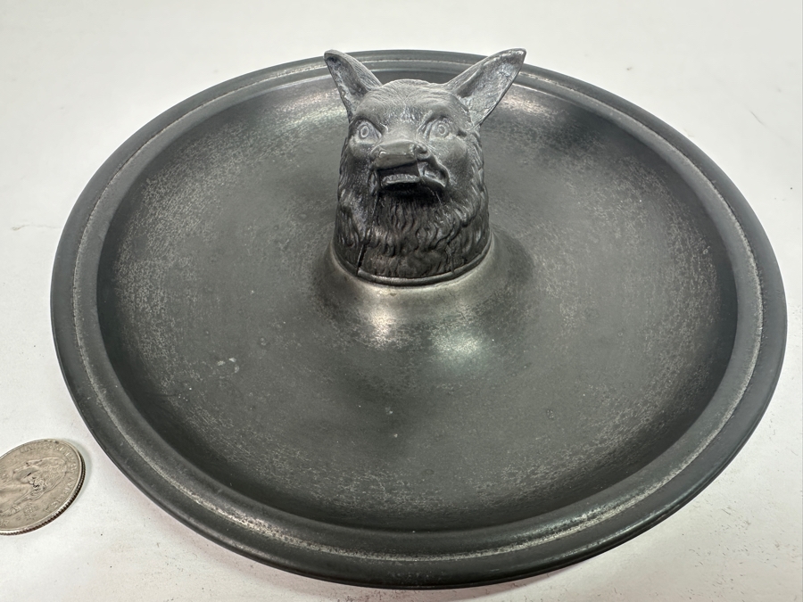 Vintage Pewter Fox Head Round Trinket Dish Tray 8W [Photo 3]
