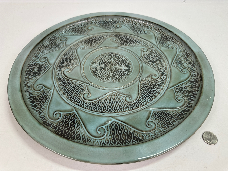 Signed Mid-Century Art Pottery Serving Charger Plate With Wave Motif 16.75W [Photo 2]