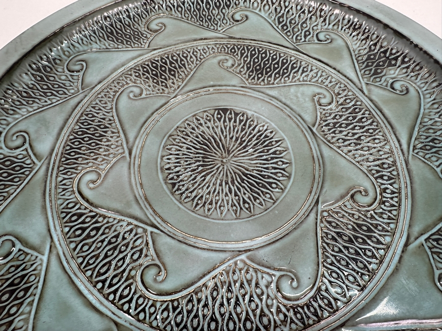 Signed Mid-Century Art Pottery Serving Charger Plate With Wave Motif 16.75W [Photo 3]