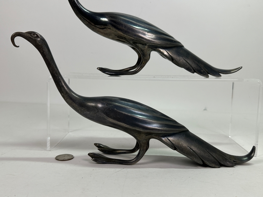 Pair Of Art Deco Silverplate Weidlich Bros Ibis Peacock Bird Figurines 2277 12'L X 6.5'H [Photo 5]