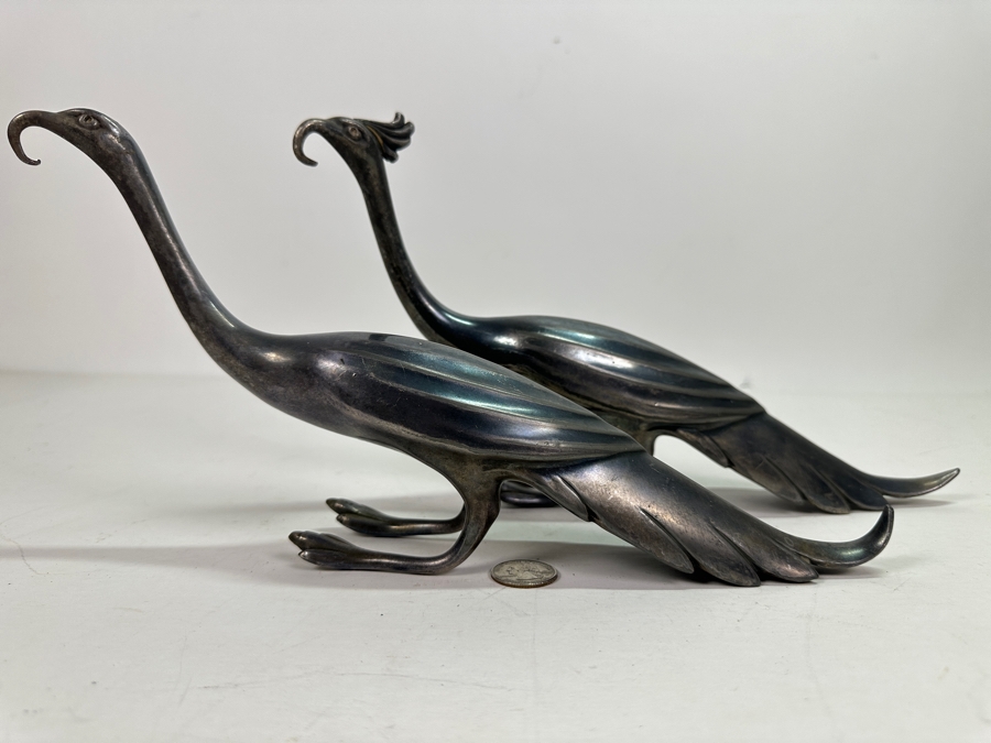 Pair Of Art Deco Silverplate Weidlich Bros Ibis Peacock Bird Figurines 2277 12'L X 6.5'H [Photo 11]