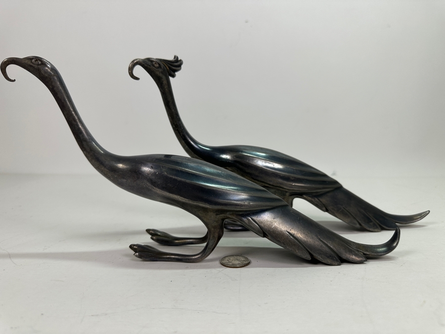 Pair Of Art Deco Silverplate Weidlich Bros Ibis Peacock Bird Figurines 2277 12'L X 6.5'H [Photo 10]