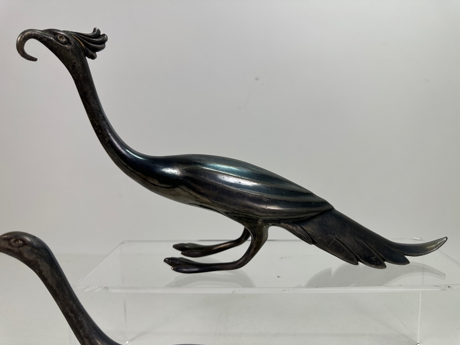 Pair Of Art Deco Silverplate Weidlich Bros Ibis Peacock Bird Figurines 2277 12'L X 6.5'H [Photo 3]
