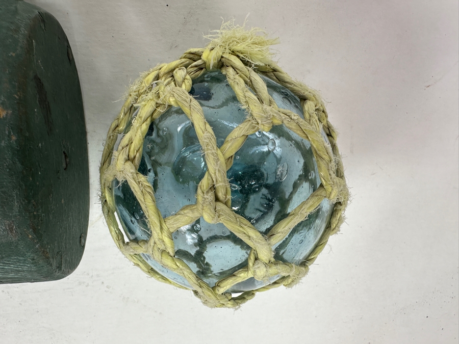 Pair Of Vintage Wooden / Cast Iron Pulleys And Vintage Hand Blown Glass Fishing Float [Photo 6]