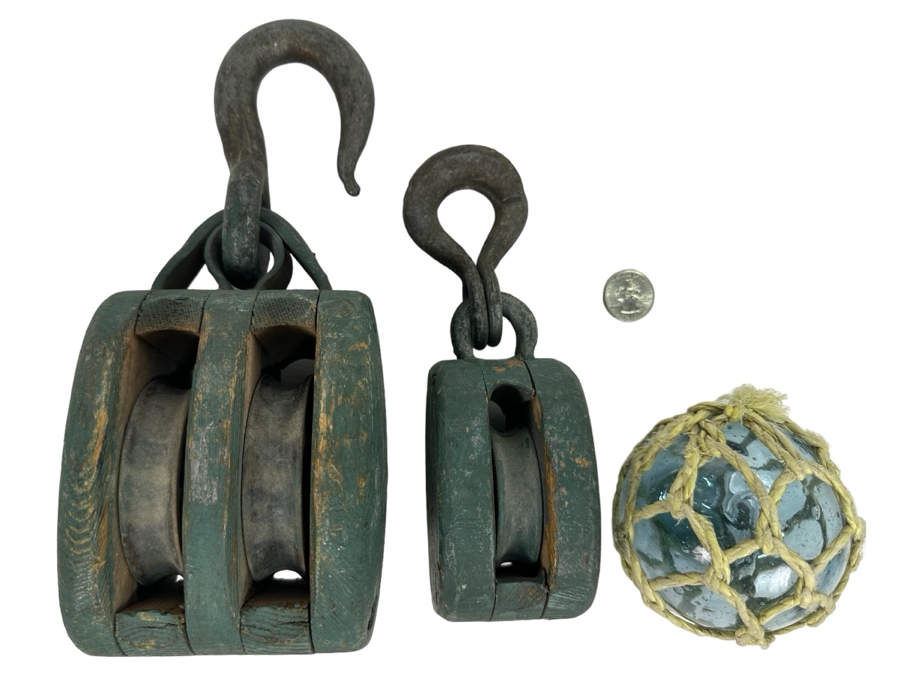 Pair Of Vintage Wooden / Cast Iron Pulleys And Vintage Hand Blown Glass Fishing Float [Photo 1]