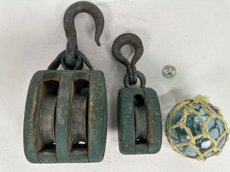 Pair Of Vintage Wooden / Cast Iron Pulleys And Vintage Hand Blown Glass Fishing Float [Photo 2]