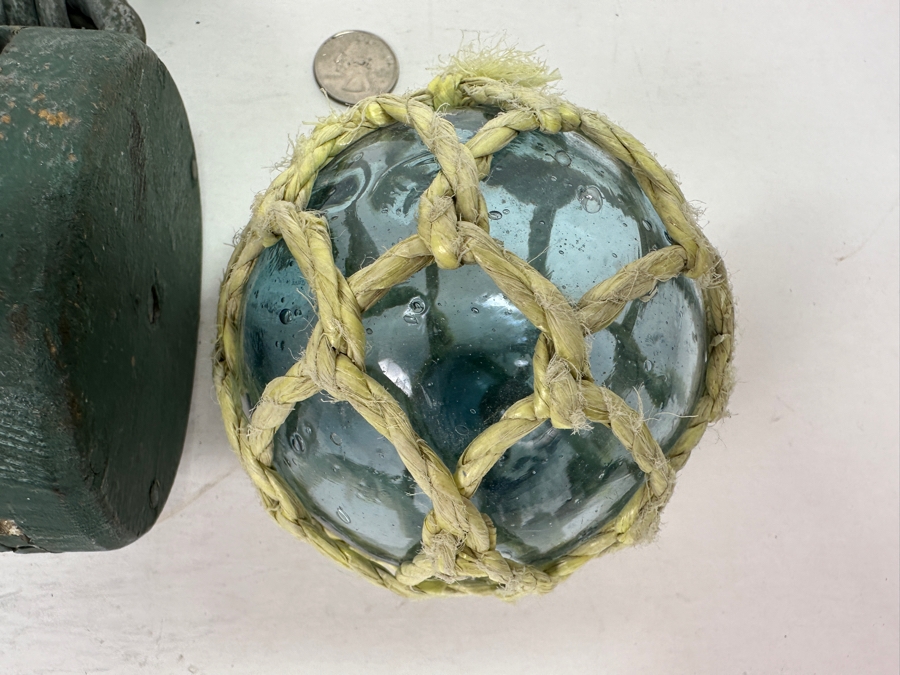 Pair Of Vintage Wooden / Cast Iron Pulleys And Vintage Hand Blown Glass Fishing Float [Photo 5]