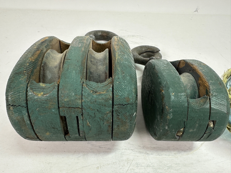 Pair Of Vintage Wooden / Cast Iron Pulleys And Vintage Hand Blown Glass Fishing Float [Photo 4]