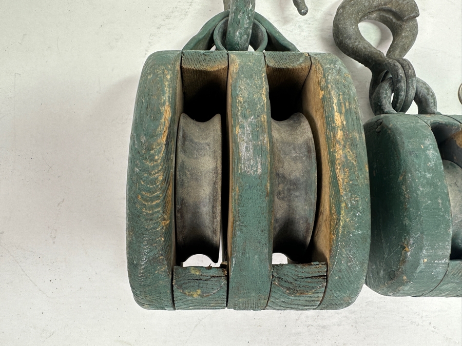 Pair Of Vintage Wooden / Cast Iron Pulleys And Vintage Hand Blown Glass Fishing Float [Photo 3]