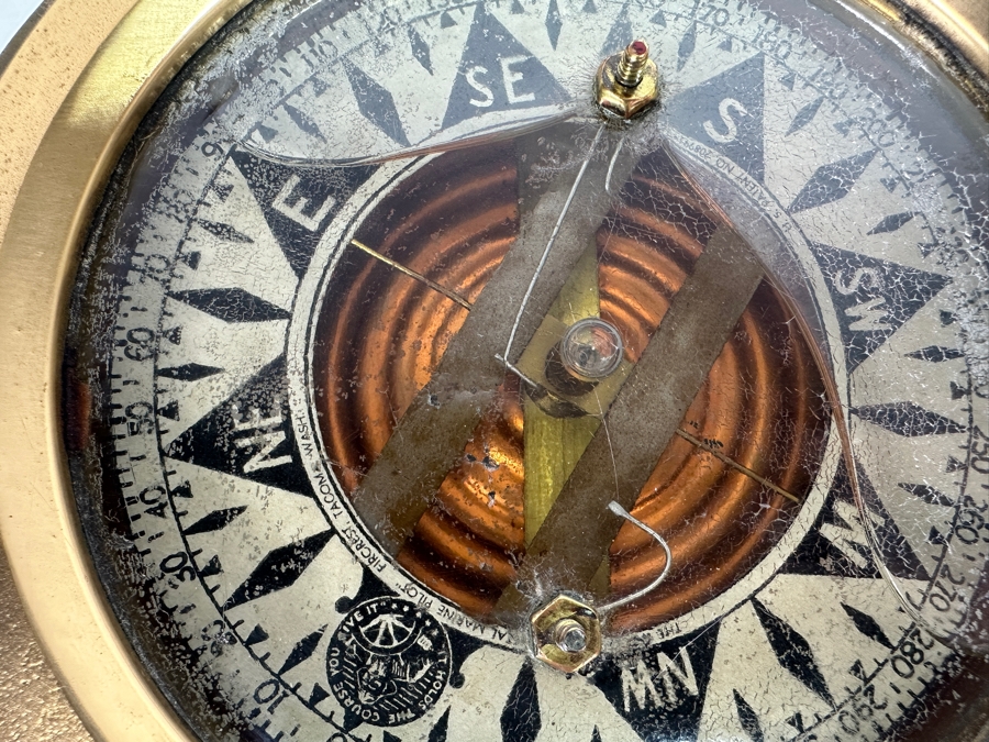 Vintage The Wood Freeman 'Metal Marine Pilot' Fircrest Tacoma, WA 'It Holds The Course You Give It' Brass Compass 7.5W X 7D X 9.25H [Photo 7]