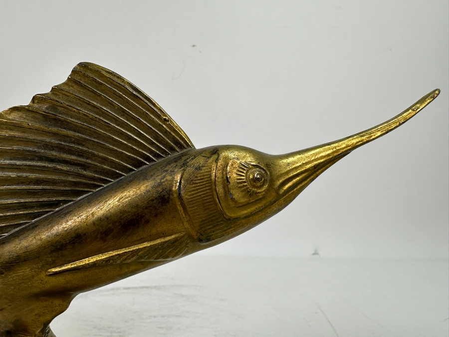 Vintage Brass Sailfish Marlin Hood Ornament Trophy 11.5W X 6H [Photo 3]