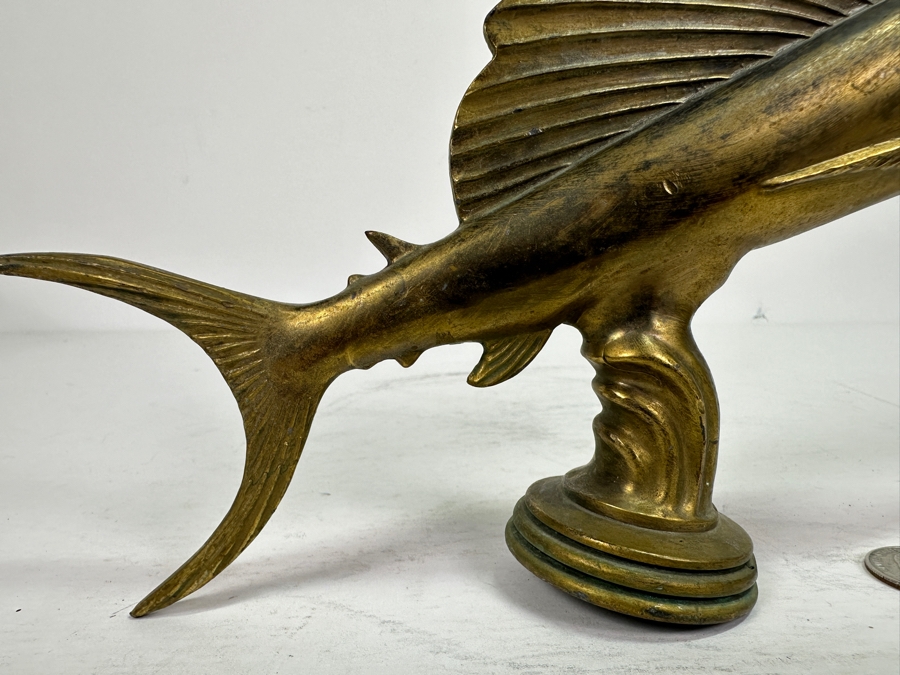 Vintage Brass Sailfish Marlin Hood Ornament Trophy 11.5W X 6H [Photo 4]