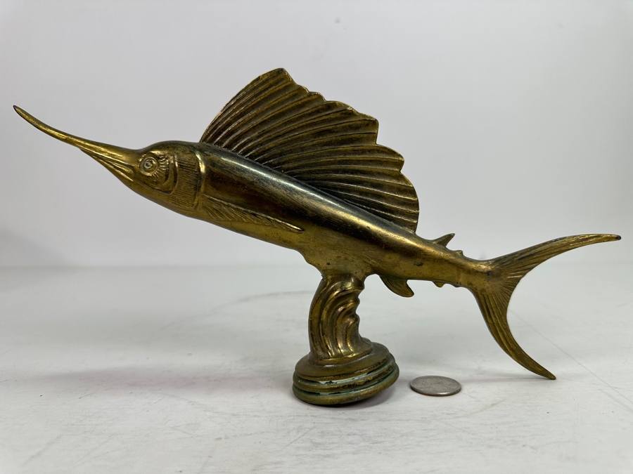 Vintage Brass Sailfish Marlin Hood Ornament Trophy 11.5W X 6H [Photo 5]