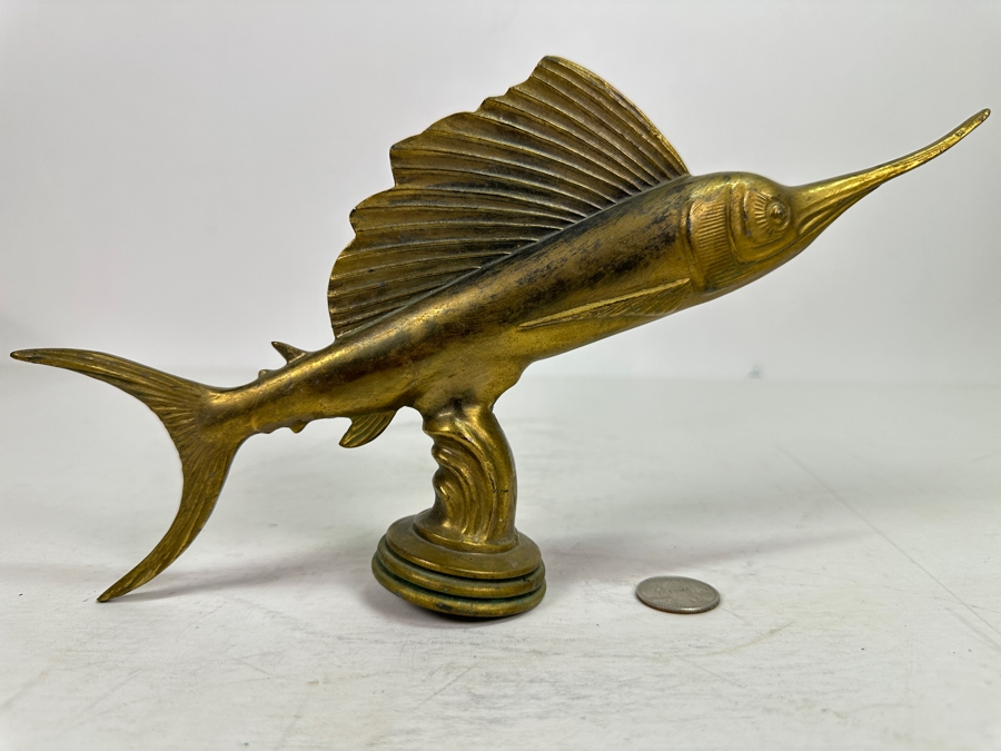 Vintage Brass Sailfish Marlin Hood Ornament Trophy 11.5W X 6H [Photo 2]
