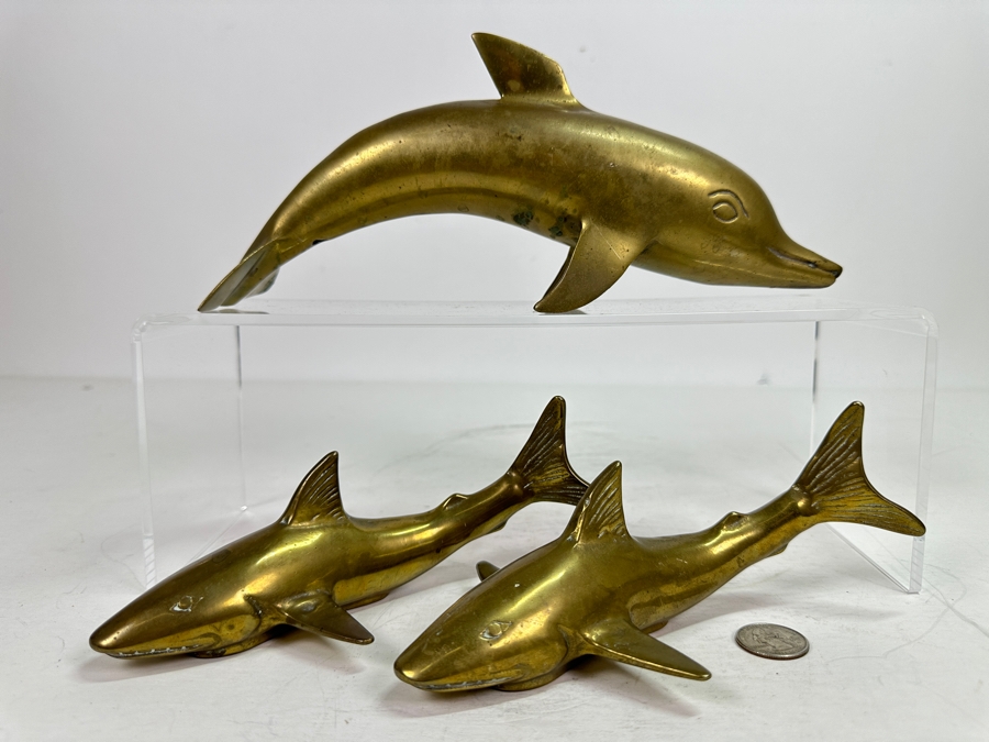 Vintage Brass Dolphin 10'L & Pair Of Shark Figurines 7.5'L [Photo 2]