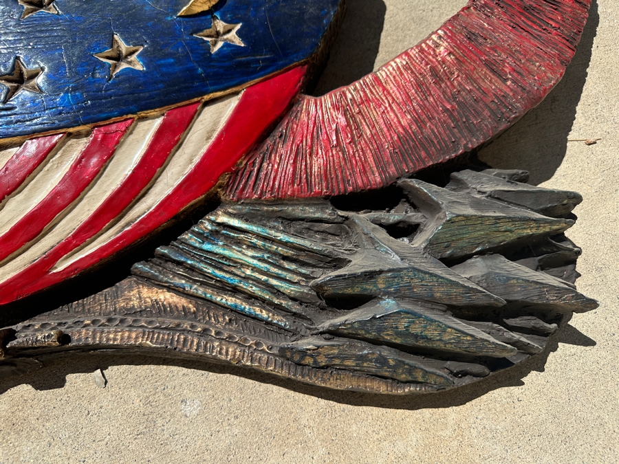 RARE Huge Vintage 1973 Finesse Orig FIBERGLASS Hand Painted 6' Wingspan Architectural American Eagle & Shield 6'W X 30'H X 10'D [Photo 11]