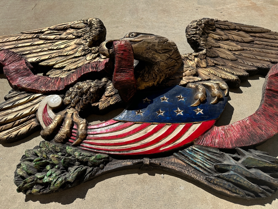 RARE Huge Vintage 1973 Finesse Orig FIBERGLASS Hand Painted 6' Wingspan Architectural American Eagle & Shield 6'W X 30'H X 10'D [Photo 13]